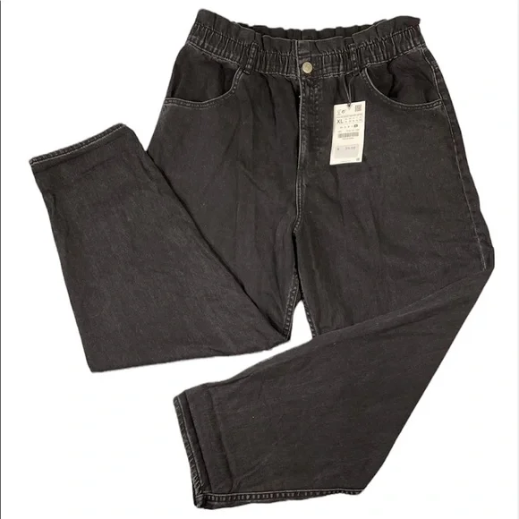 NWT Zara Black Elastic Paper Bag Waist Ultra High Rise 100% Cotton Jeans Size XL - Picture 4 of 16